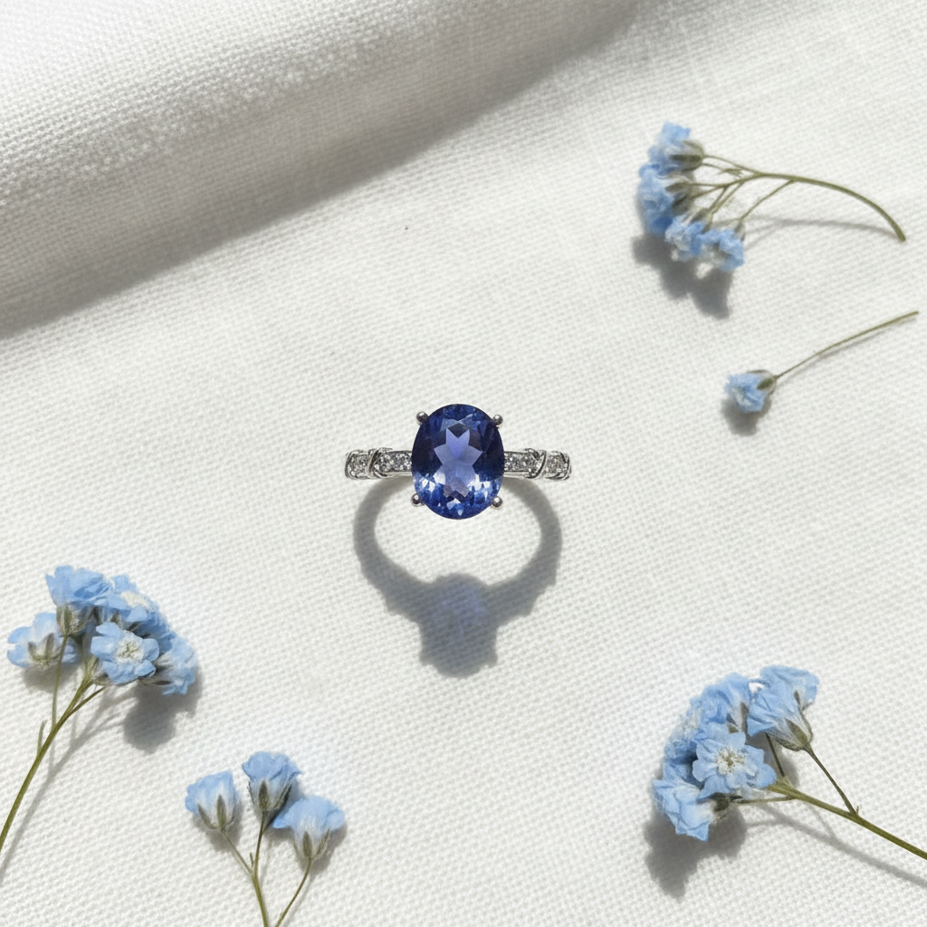 Anello fluorite blu flat lay con fiori azzurri