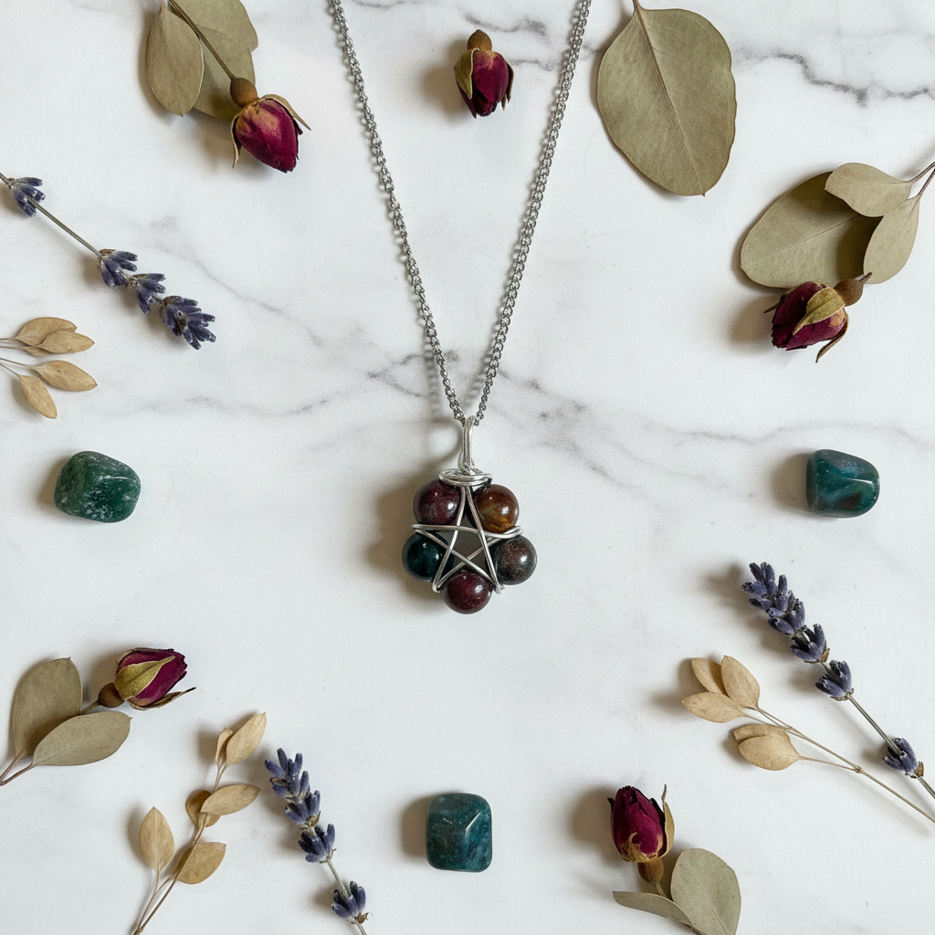 Collana Pentacolo Diaspro Oceano - composizione con fiori e cristalli