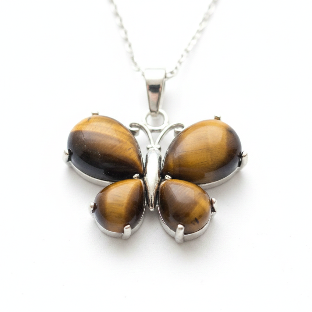 Collana farfalla occhio di tigre silver macro close-up