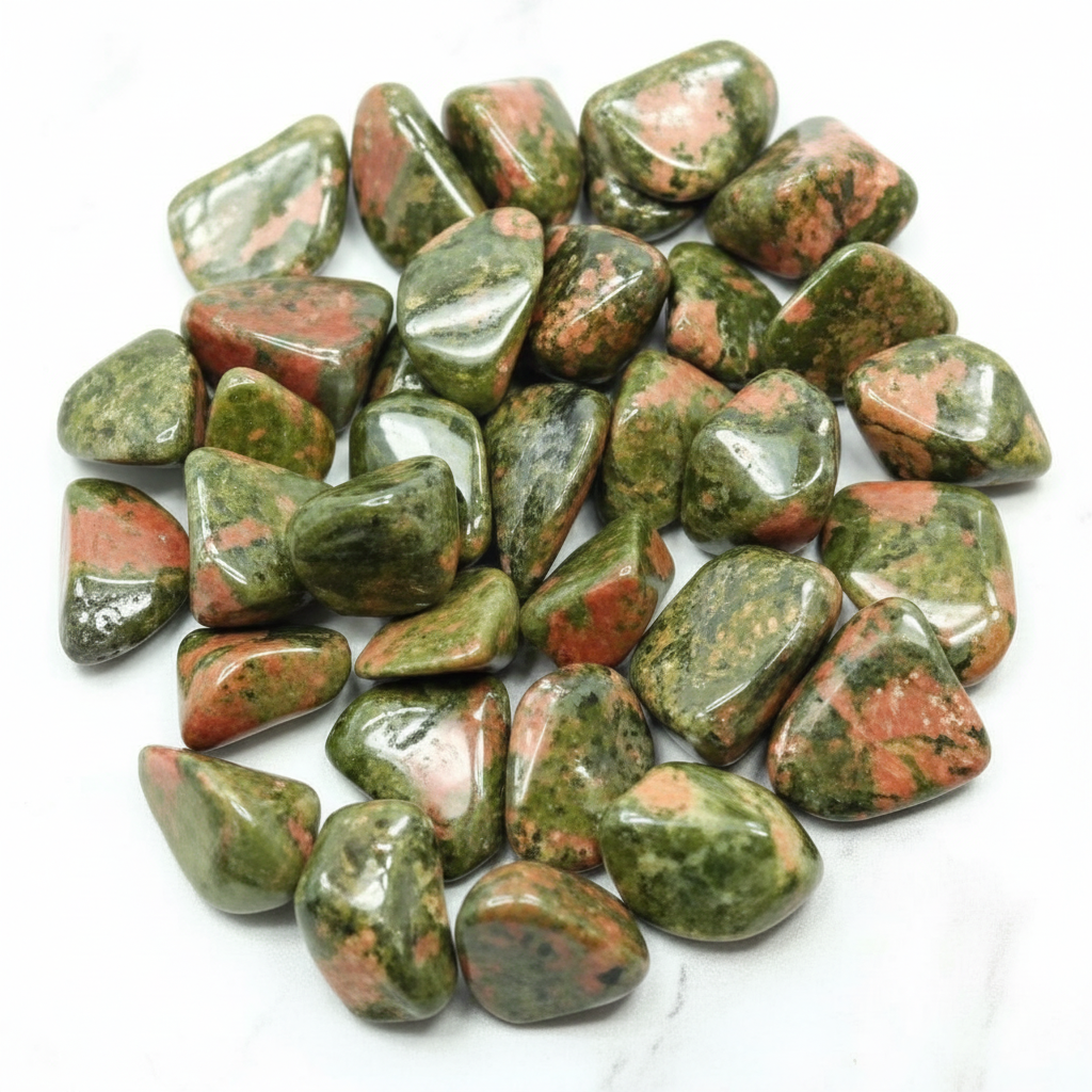 Unakite burattata - flatlay su marmo