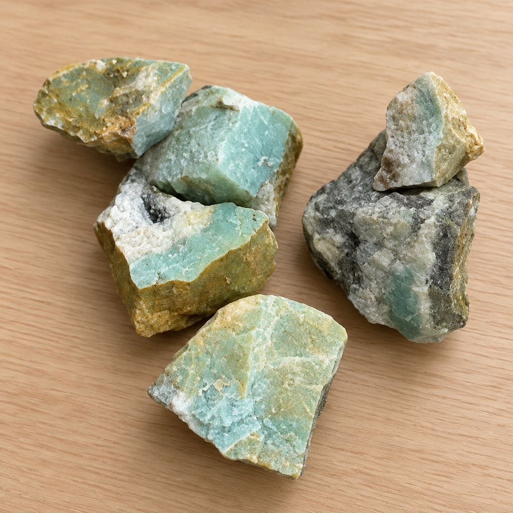 Campioni di amazzonite grezza su legno