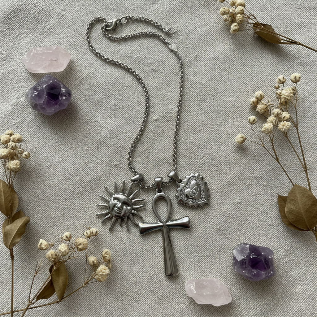 Collana Egypt acciaio inox - composizione con fiori e cristalli su lino