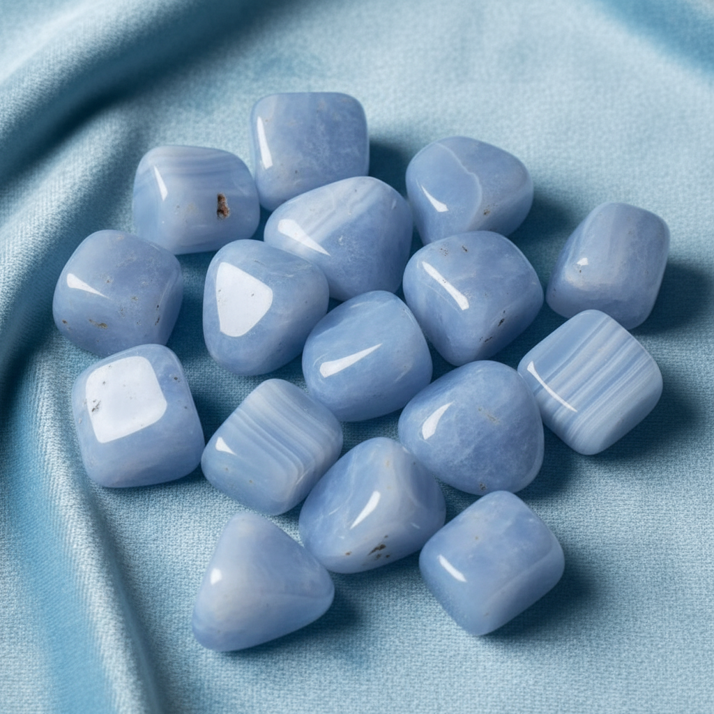 Pietre burattate di agata blue lace su velluto azzurro