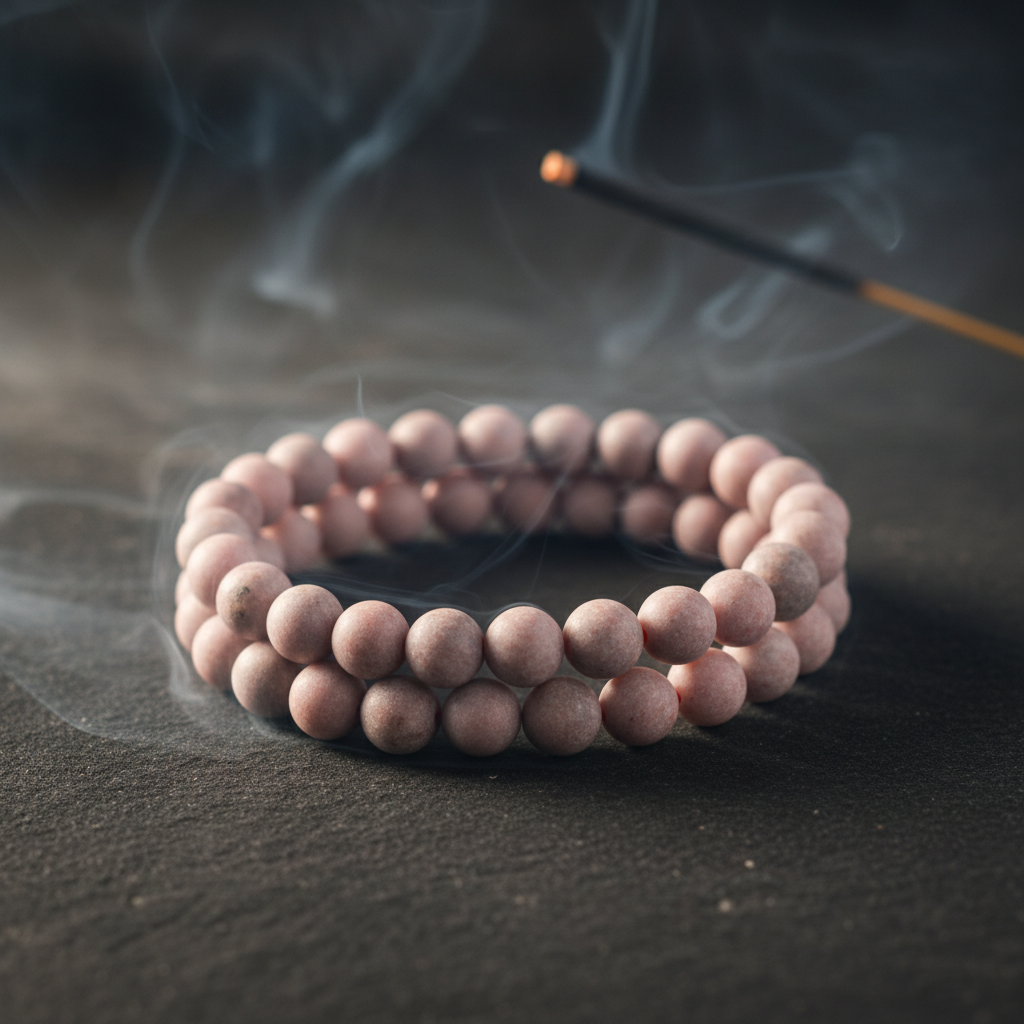 Bracciale diaspro zebra rosa con incenso sfondo scuro