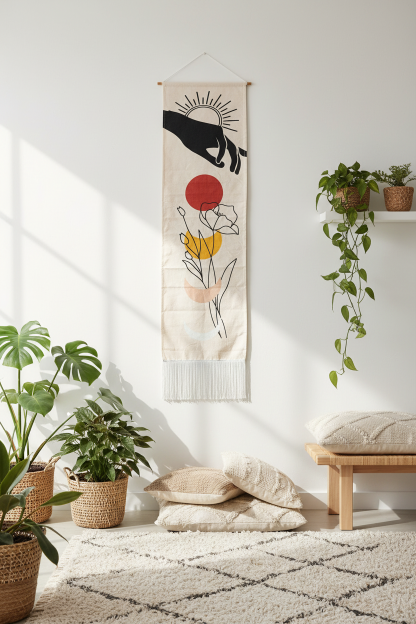 Arazzo fiore e mani - appeso camera da letto boho
