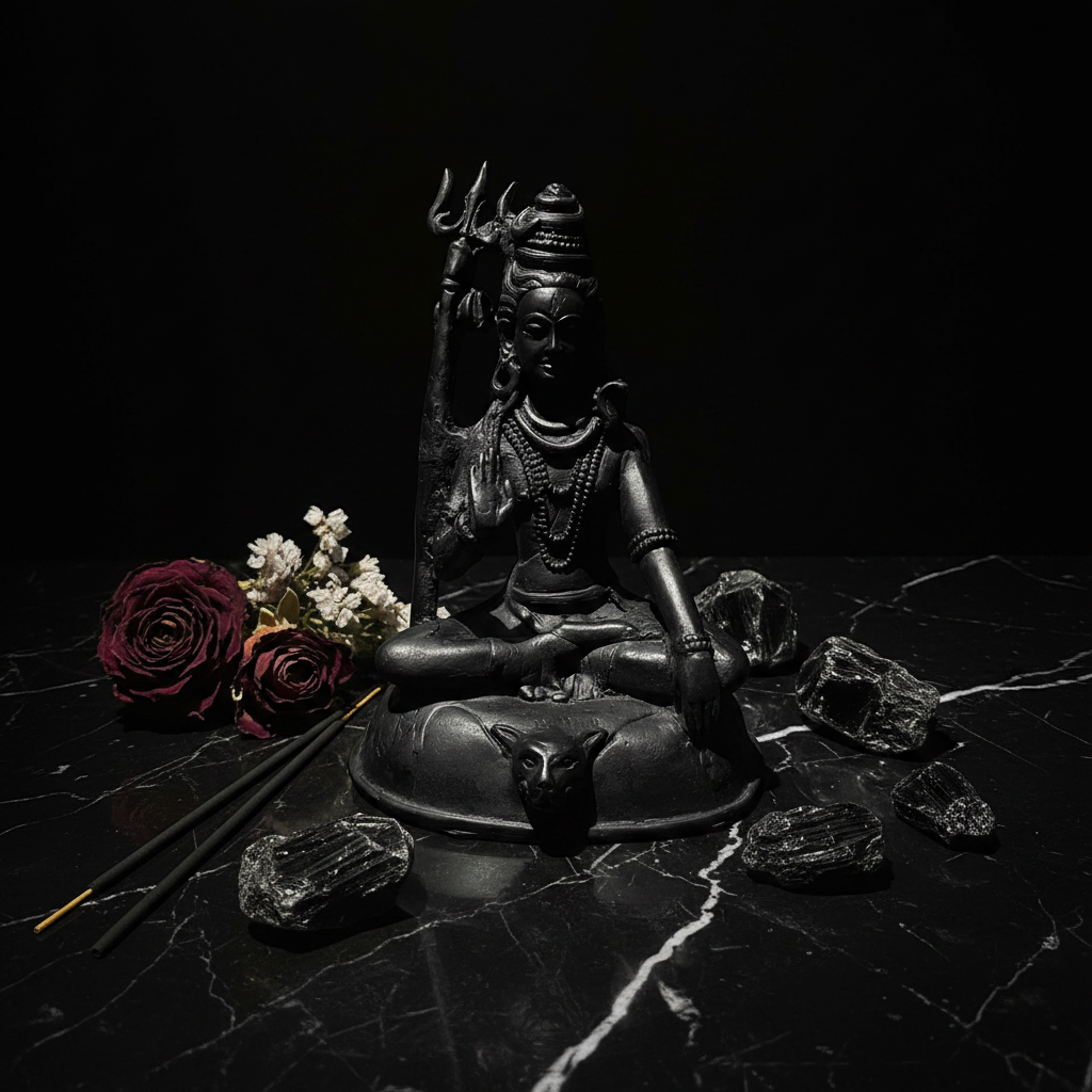 Shiva pietra lavica - flatlay marmo nero con ossidiana