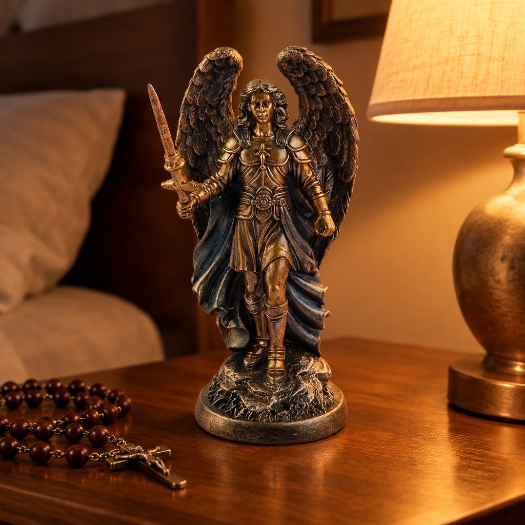 Arcangelo Michele in resina su comodino con rosario e luce calda