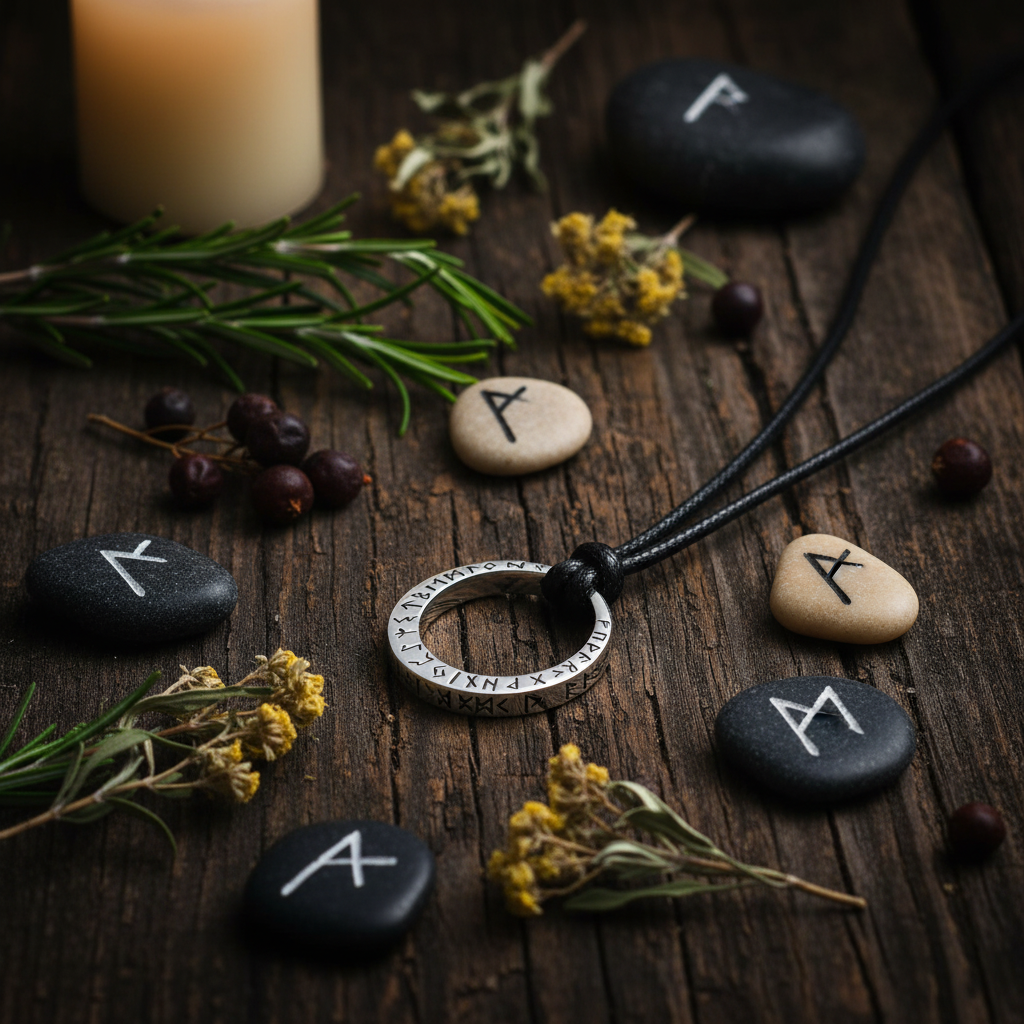 Collana Anello Runico - legno scuro con rune e erbe