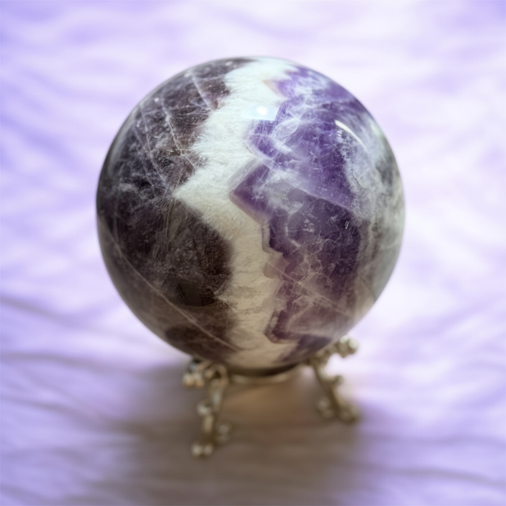 Sfera Ametista Chevron close-up bande chevron viola e bianche