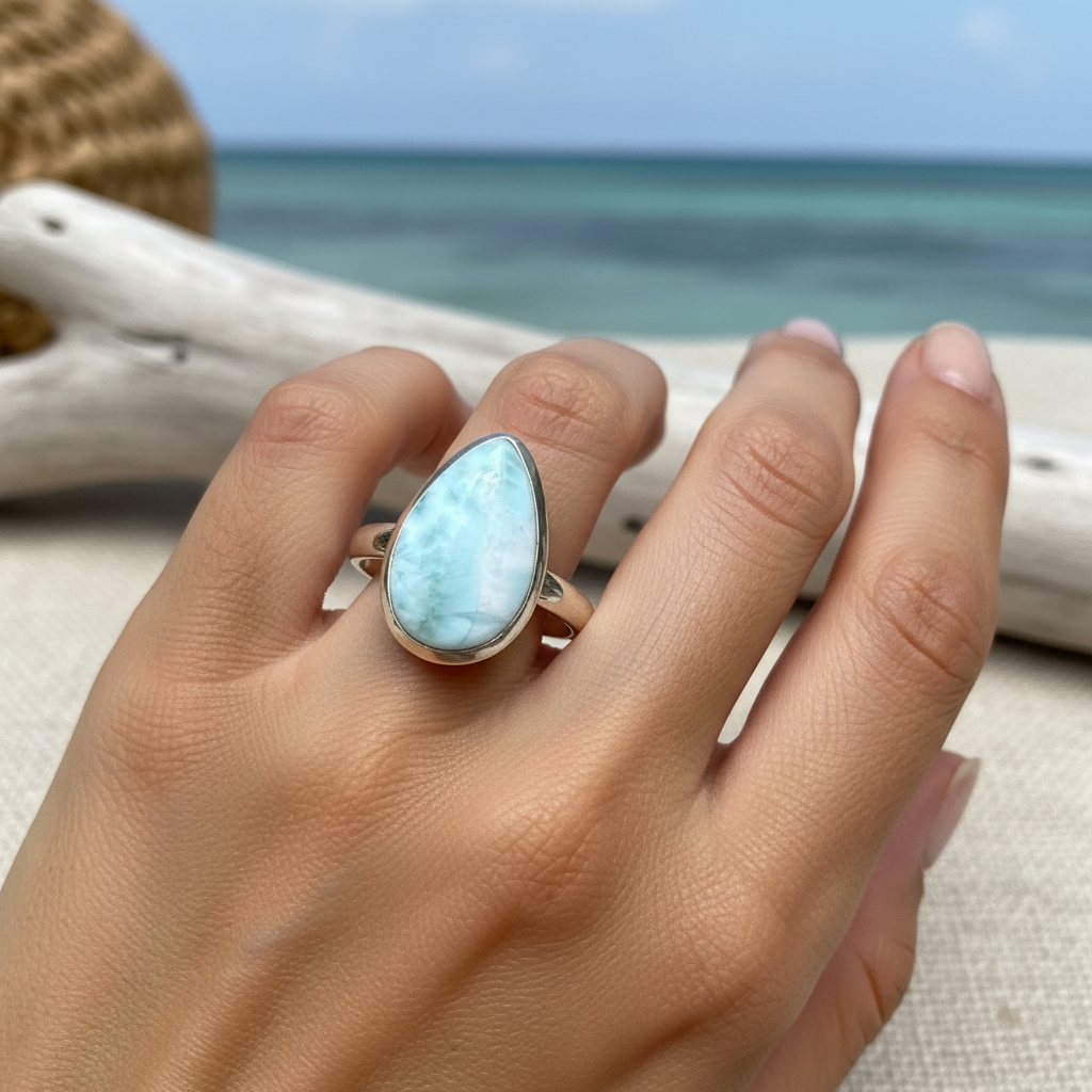 Anello Statement in Argento con Larimar Naturale - indossato