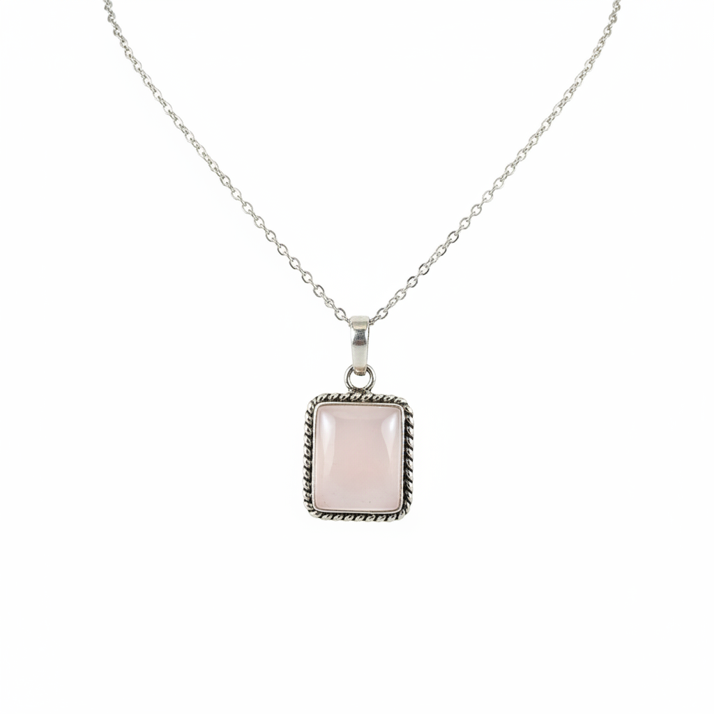 Collana con Ciondolo Vintage in Argento e Quarzo Rosa Naturale