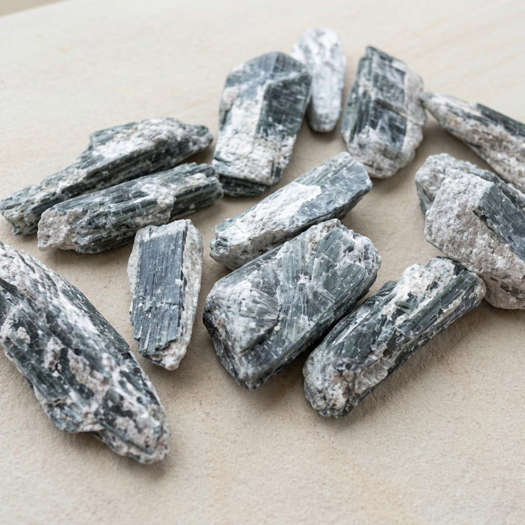 Cianite verde grezza su piano chiaro