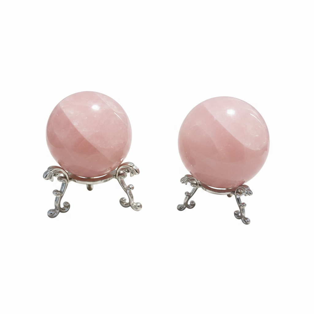 Sfere Quarzo Rosa su base silver - sfondo bianco studio