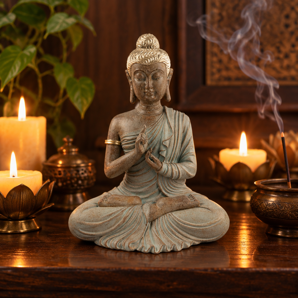Buddha in resina su altare con candele e incenso