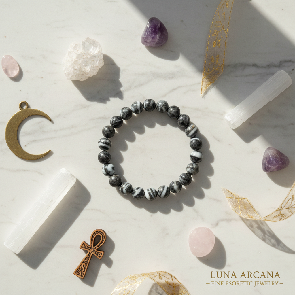 Bracciale Diaspro Zebra 8mm - flat lay con cristalli