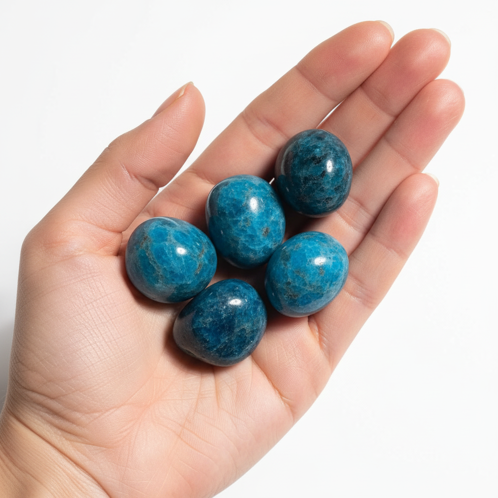 Mano che tiene apatite blu tumbled
