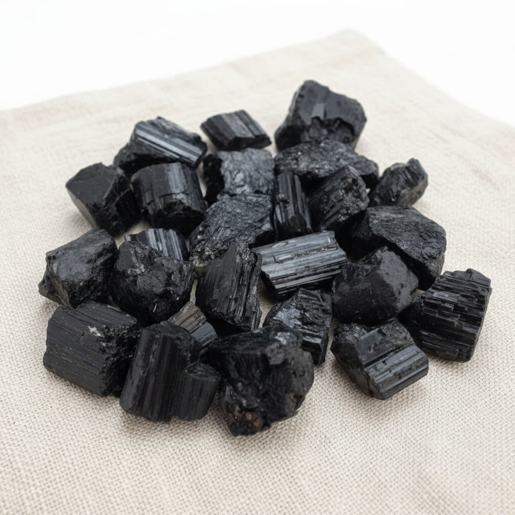 Tormalina nera grezza - lifestyle su lino