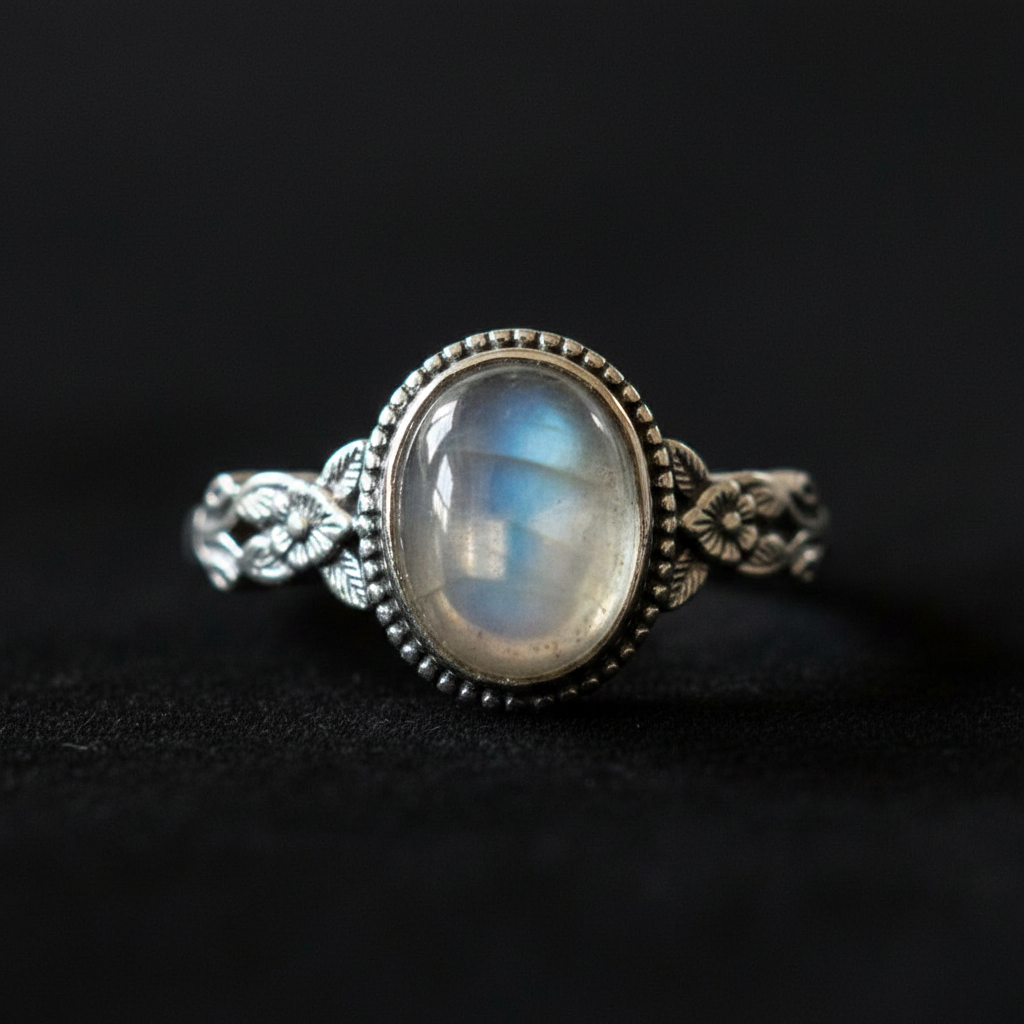 Anello labradorite bianca macro close-up