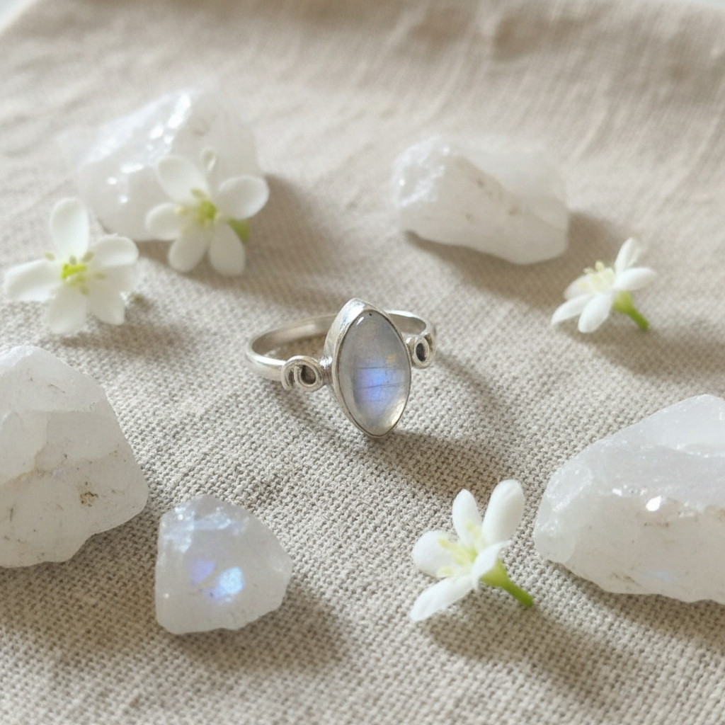 Anello labradorite bianca argento con fiori e cristalli