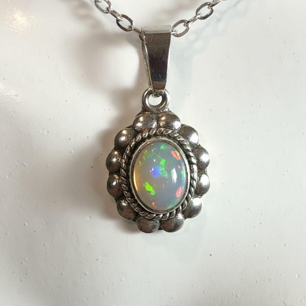 Collana con Ciondolo Vintage in Argento e Opale Arlecchino