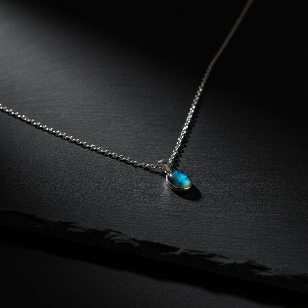 Collana con Ciondolo in Argento e Labradorite Verde Naturale