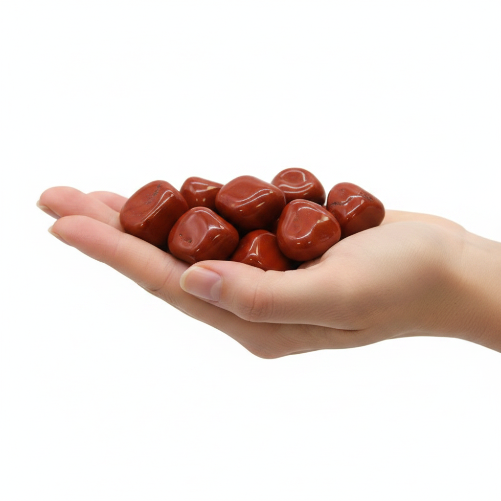Mano che tiene diaspro rosso tumbled
