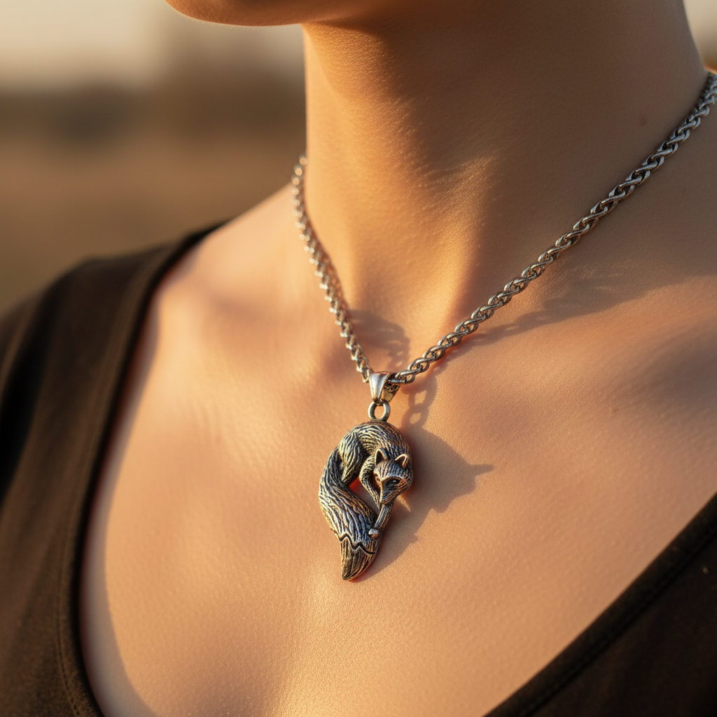 Collana Volpe Spirituale indossata - luce dorata