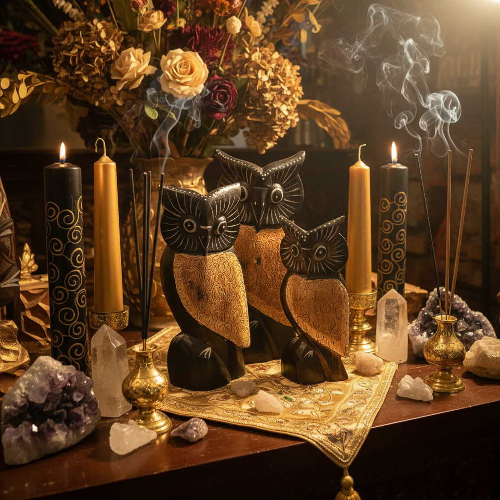 Civetta nera petto dorato Indonesia - altare balinese candele nere e oro