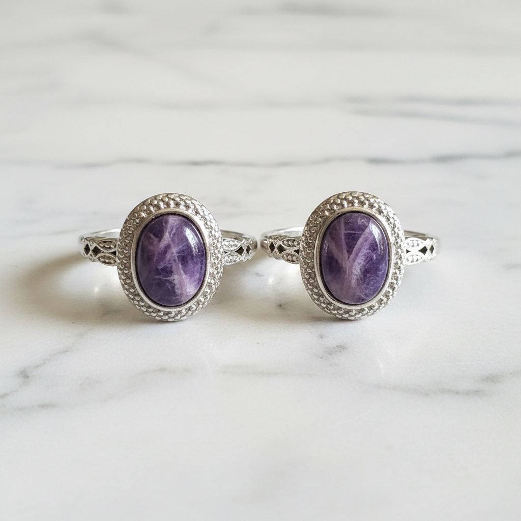 Anello charoite flatlay marmo