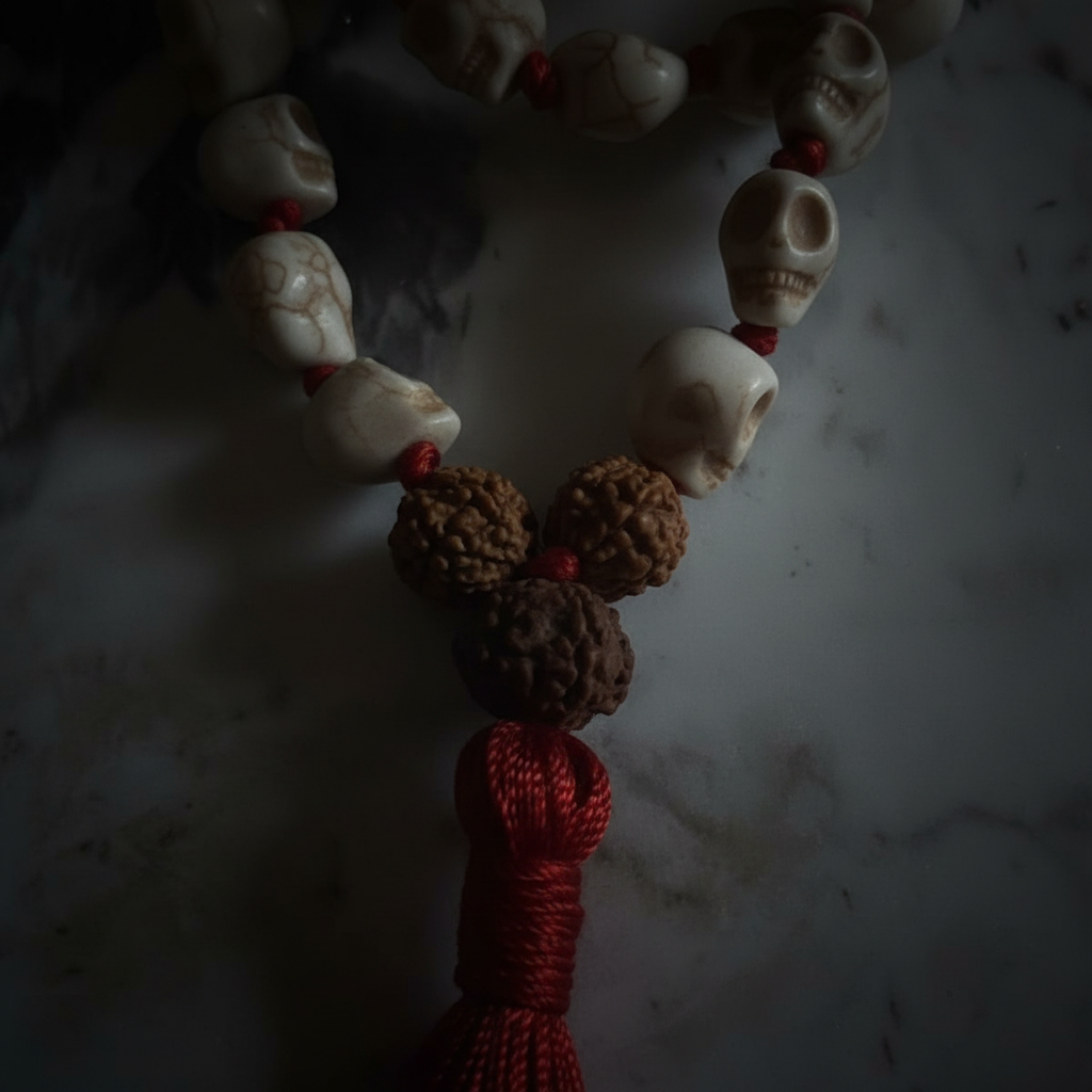 Japamala teschio howlite rudraksha - macro close-up
