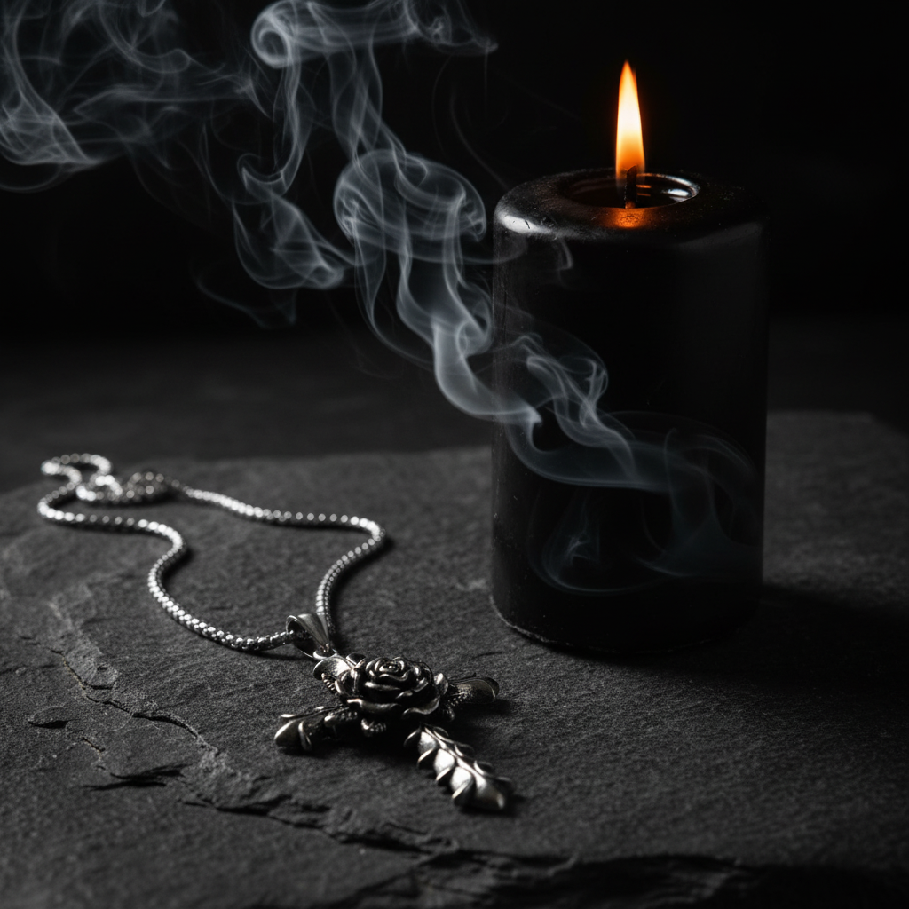 Collana Croce Gotica con Rosa - candela nera atmosfera gotica