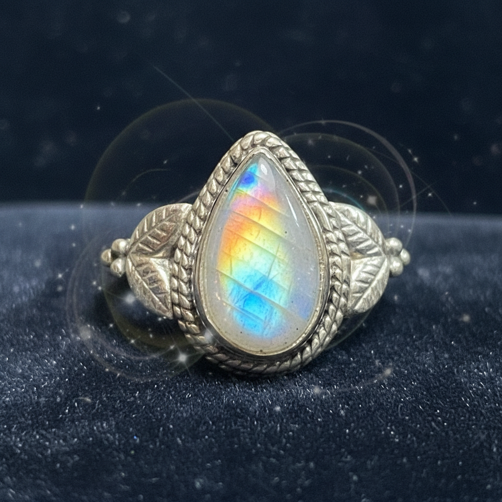 Anello Labradorite Bianca Rainbow macro effetto rainbow