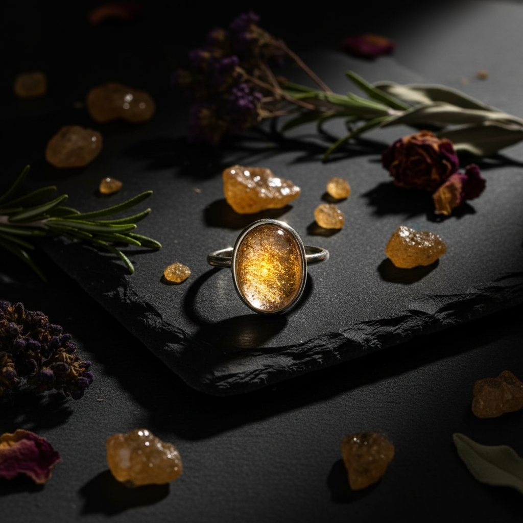 Anello golden quartz su ardesia scura con cristalli