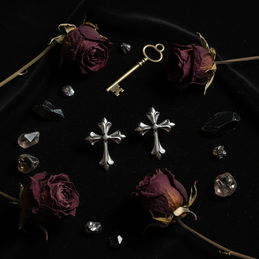 Orecchini Croce Gotica flat lay velluto nero