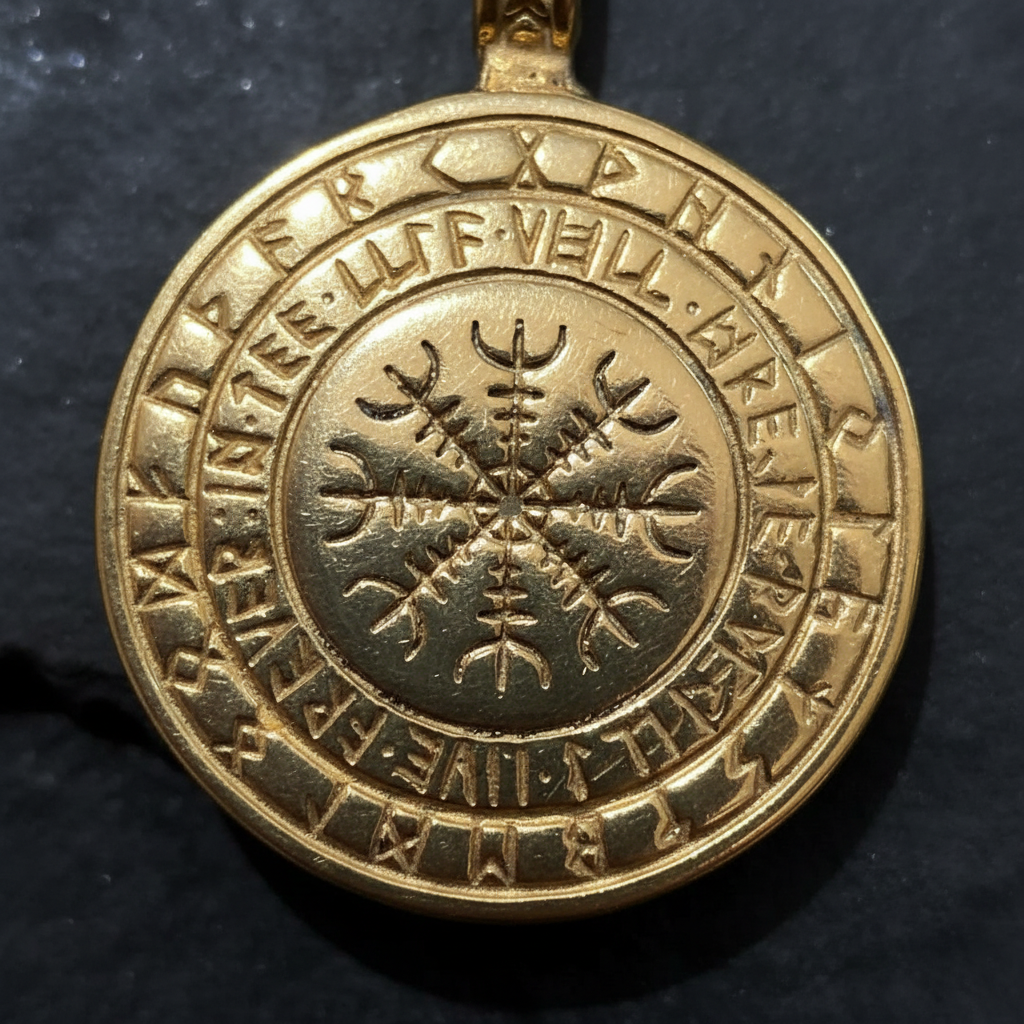 Collana Vegvisir rune gold macro close-up retro