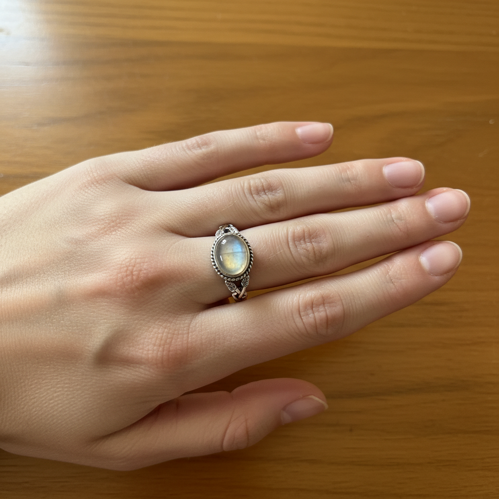 Anello labradorite bianca lifestyle indossato