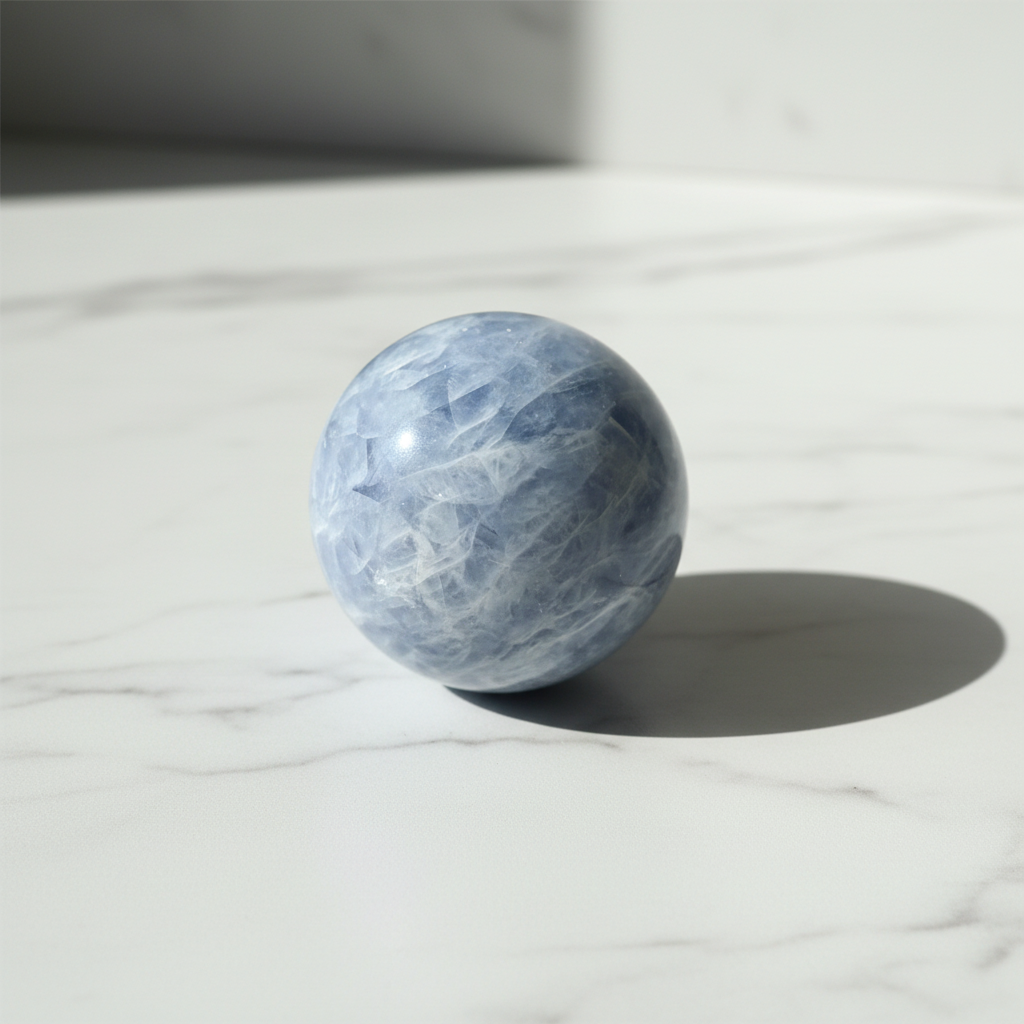 Sfera Calcite Blu su marmo bianco