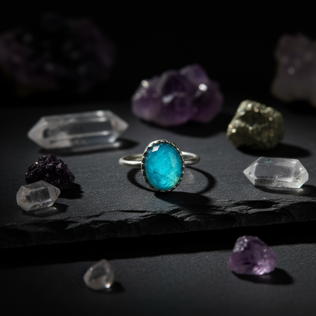 Anello apatite su ardesia scura con cristalli