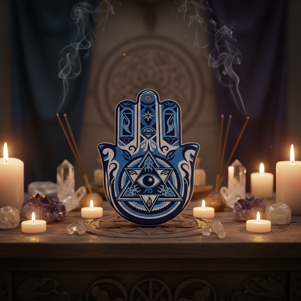 Decorazione Hamsa su altare esoterico con cristalli