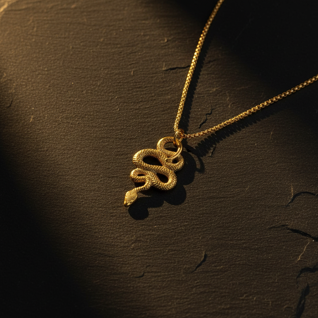Collana serpente avvolto gold flatlay su ardesia nera