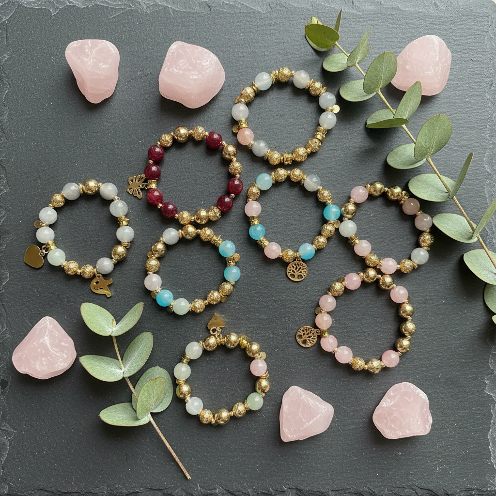 Bracciali perline e acciaio inox su ardesia con cristalli