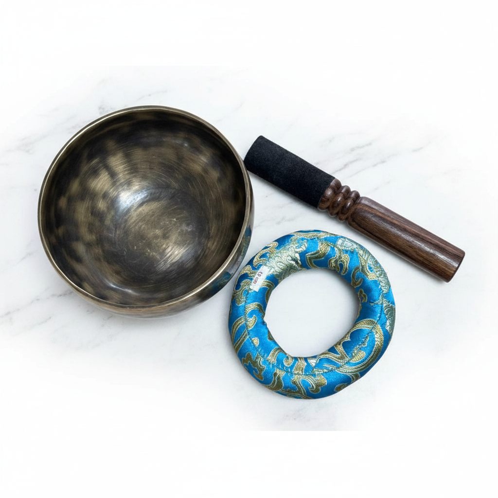 Campana tibetana scura - flatlay su marmo