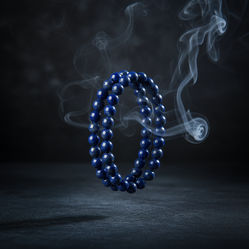 Bracciale lapislazzuli con incenso su sfondo scuro