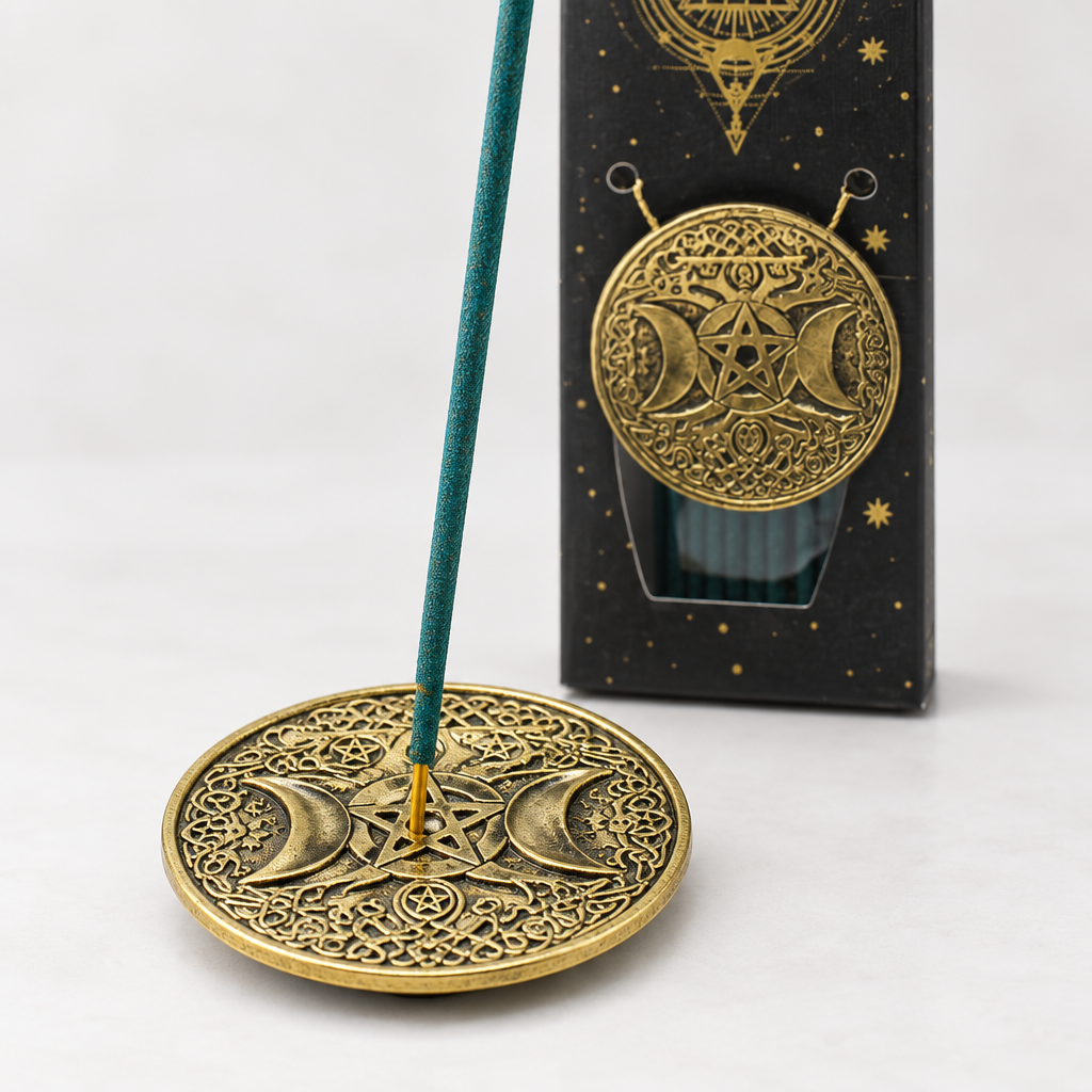 Porta-incenso dorato rotondo con tripla luna e bastoncino verde-blu