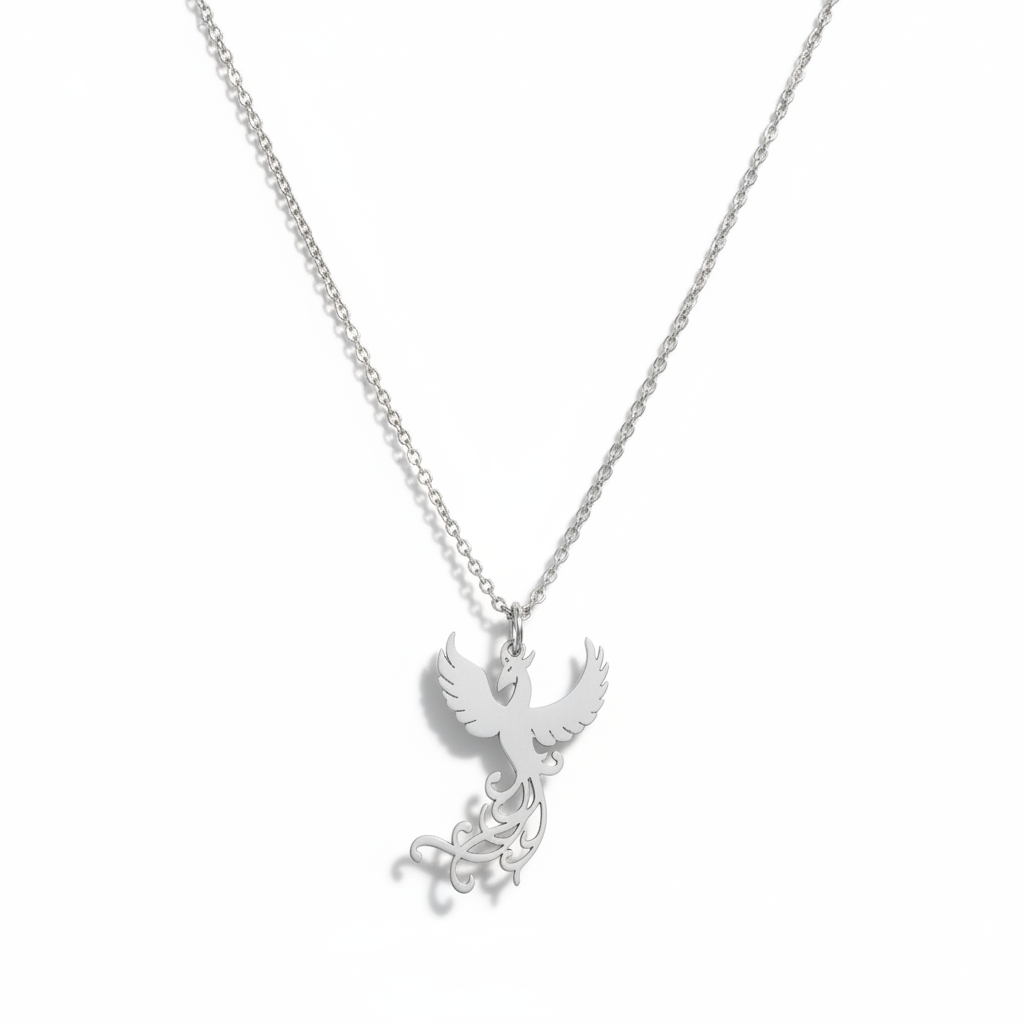 Collana Fenice in Acciaio Inox flat lay sfondo bianco