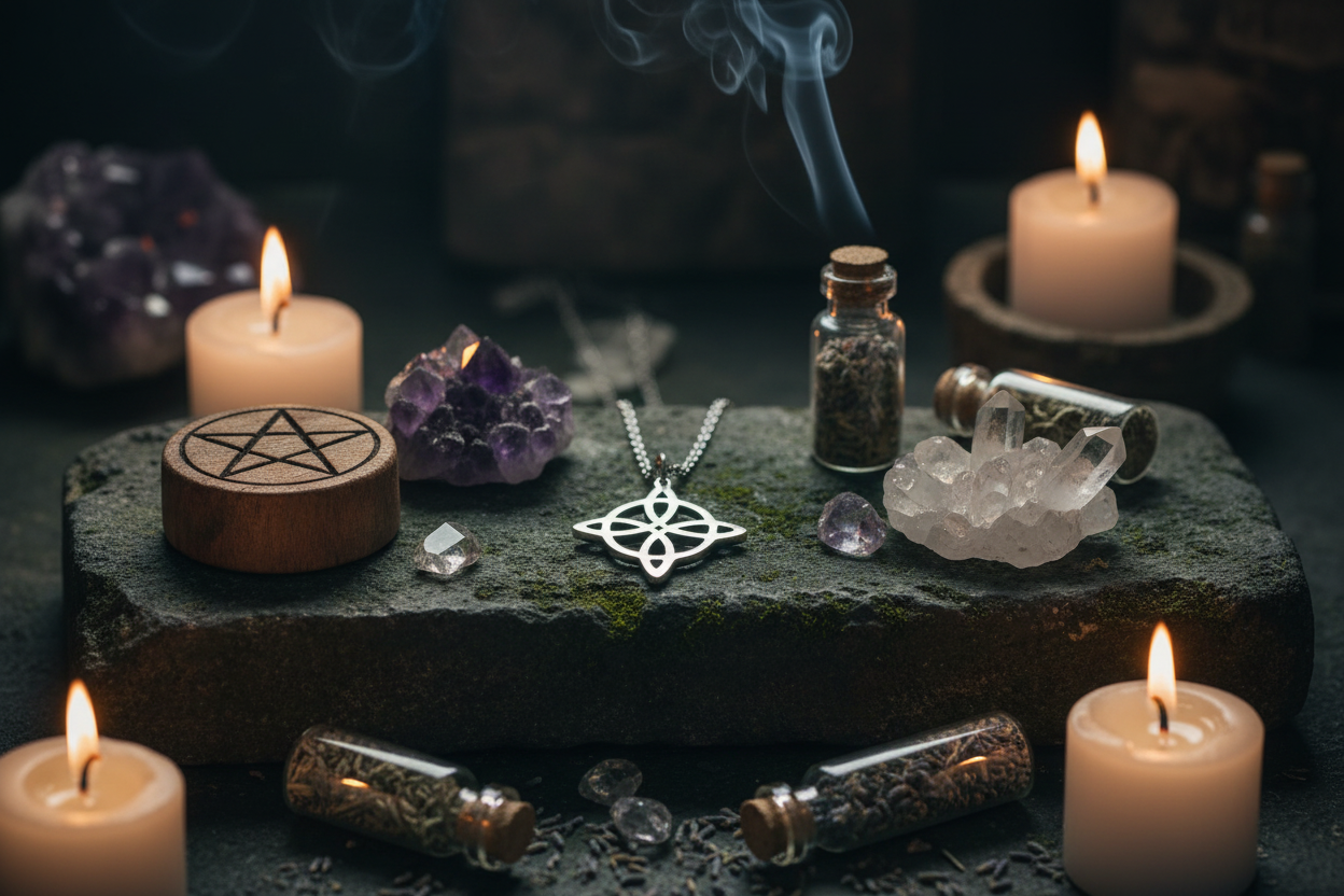 Collana Nodo della Strega con cristalli erbe e candele - lifestyle esoterico