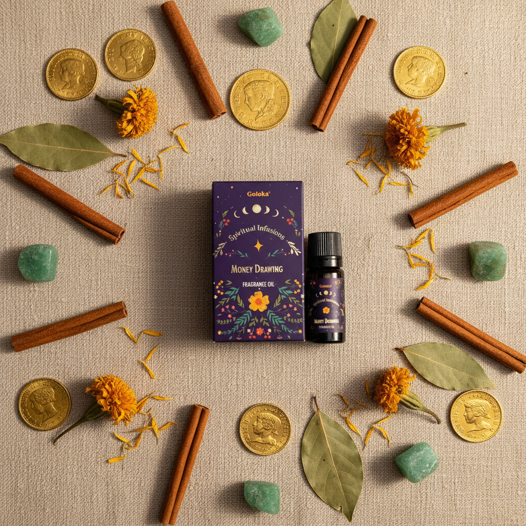 Olio fragranza Goloka Money Drawing - composizione abbondanza con monete e cristalli