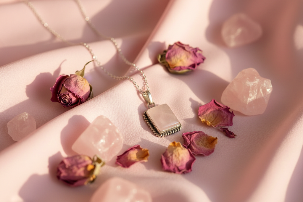 Collana con Ciondolo Vintage in Argento e Quarzo Rosa Naturale
