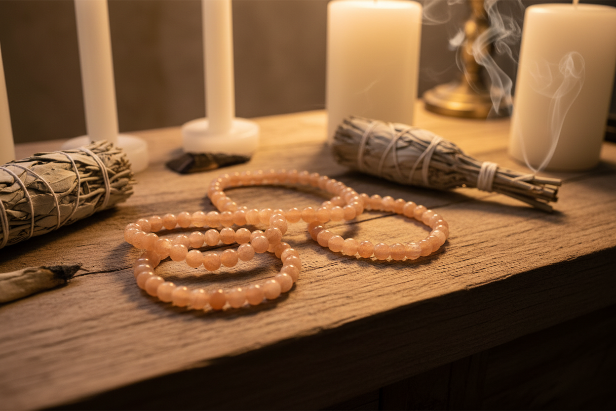 Bracciali pietra del sole su altare con candele e salvia