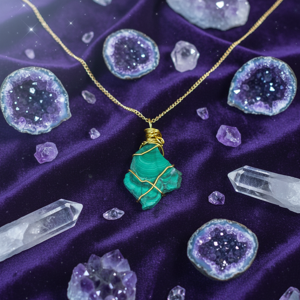Collana Malachite Grezza Artigianale - sfondo cristalli e ametiste